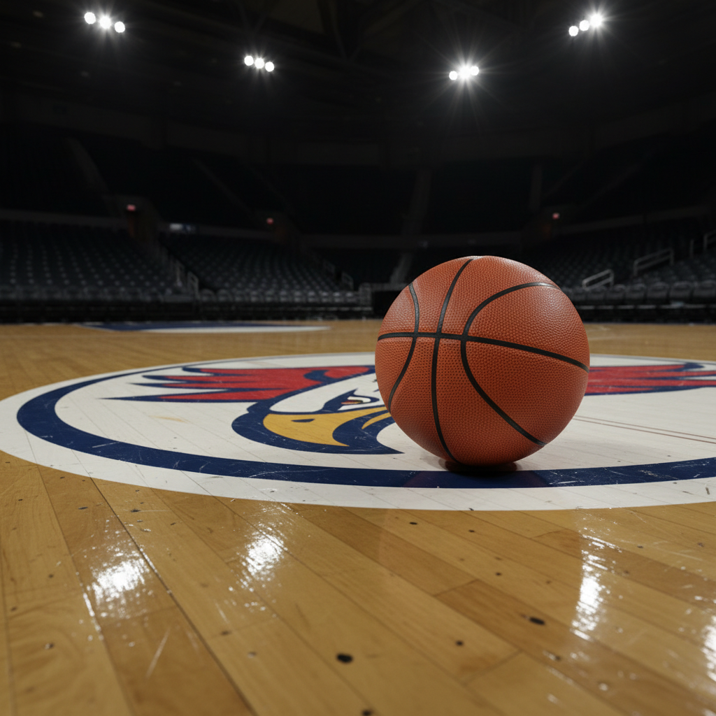 A close-up, photographic realism shot of a bright, freshly chalked basketball court center logo, the paint slightly worn and textured from heavy use. A single orange basketball with visible pebble grain and deep black channels rests precisely on the midcourt circle, slightly off-center to the right. Overhead arena lights blaze down, creating sharp, high-contrast reflections on the polished hardwood and long, angular shadows extending away from the ball. The background falls into a soft blur of empty seats and darkened stands, hinting at a cavernous arena. The camera angle is low and slightly tilted, intensifying the bold, competitive mood, as if the game is one whistle away from explosion.