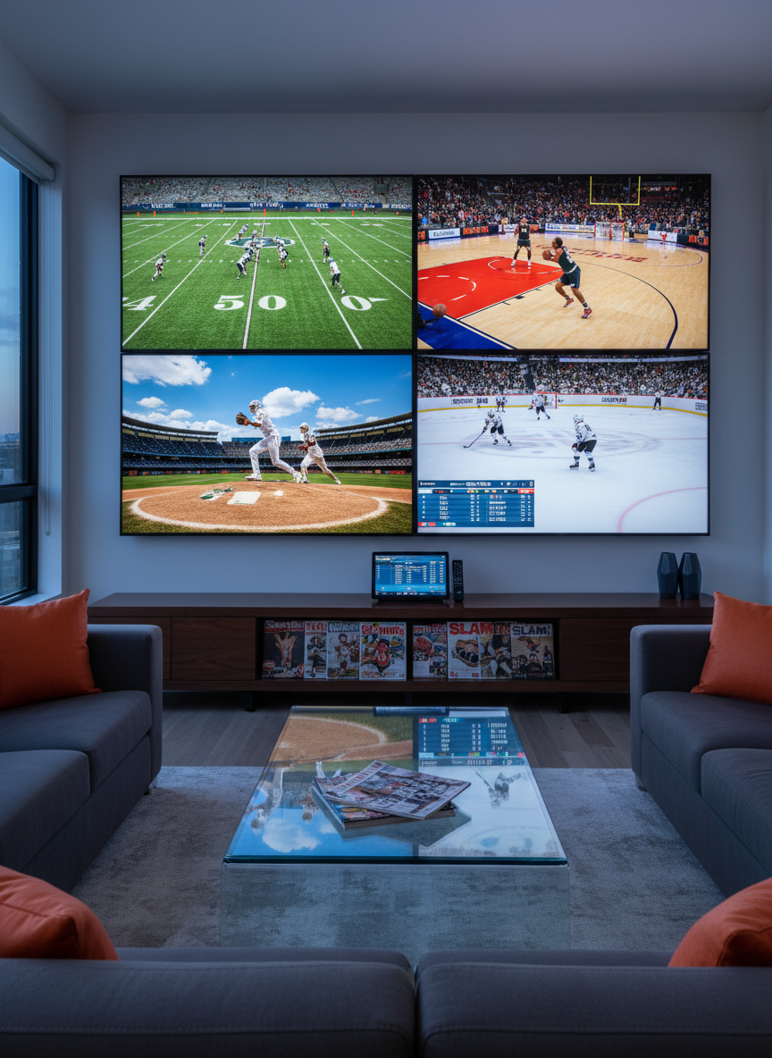 A wide, cinematic photographic shot of a modern sports bar-style living room, centered around a massive wall of mounted flat-screen TVs, each frozen on a different sport: a football field, a basketball court, a baseball diamond, and an ice rink, all vivid and sharp. Below, a low, dark wood media console is cluttered with neatly stacked glossy sports magazines, a remote, and a digital tablet displaying live stats. Cool, diffused evening light filters through a window on the side, supplemented by the screens’ bright glow casting dynamic reflections on a sleek glass coffee table. The composition uses leading lines from the furniture toward the screens, creating an energetic, all-sports command center atmosphere.