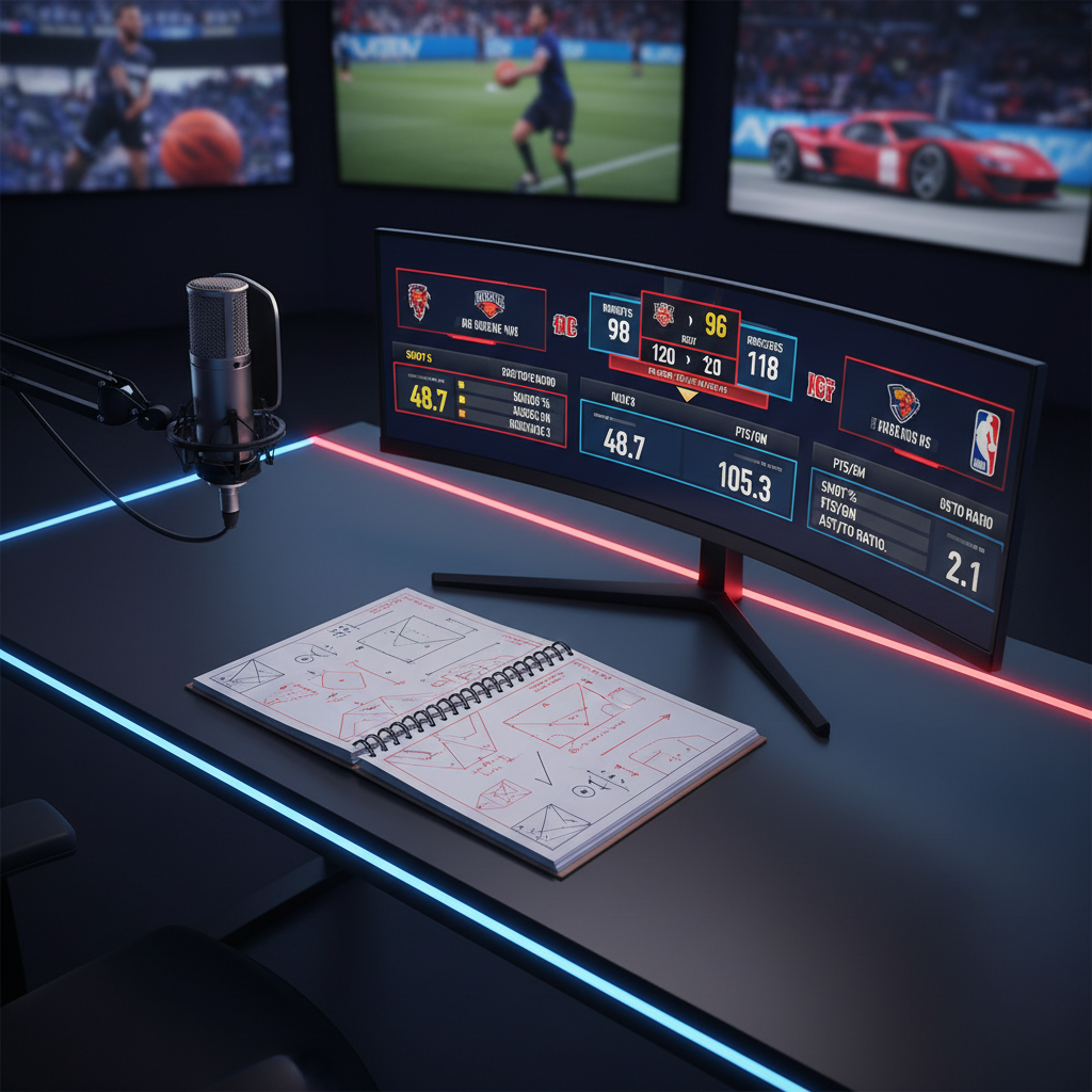 A dramatic, overhead photographic image of a sleek, dark charcoal sports desk setup, featuring a large, ultra-wide monitor displaying a vibrant, paused scoreboard with multiple games and bold stats panels. A brushed metal microphone with a mesh grille sits on a black shock mount, angled aggressively toward an open notebook filled with sharp-lined play diagrams. Neon red and electric blue LED backlighting washes over the desk edges, creating vivid reflections on the matte surface. In the background, several wall-mounted flat screens glow in soft focus with different sports highlights. The lighting is moody and high contrast, emphasizing a bold, fast-paced, studio-war-room vibe, captured with crisp focus and clean, modern composition.