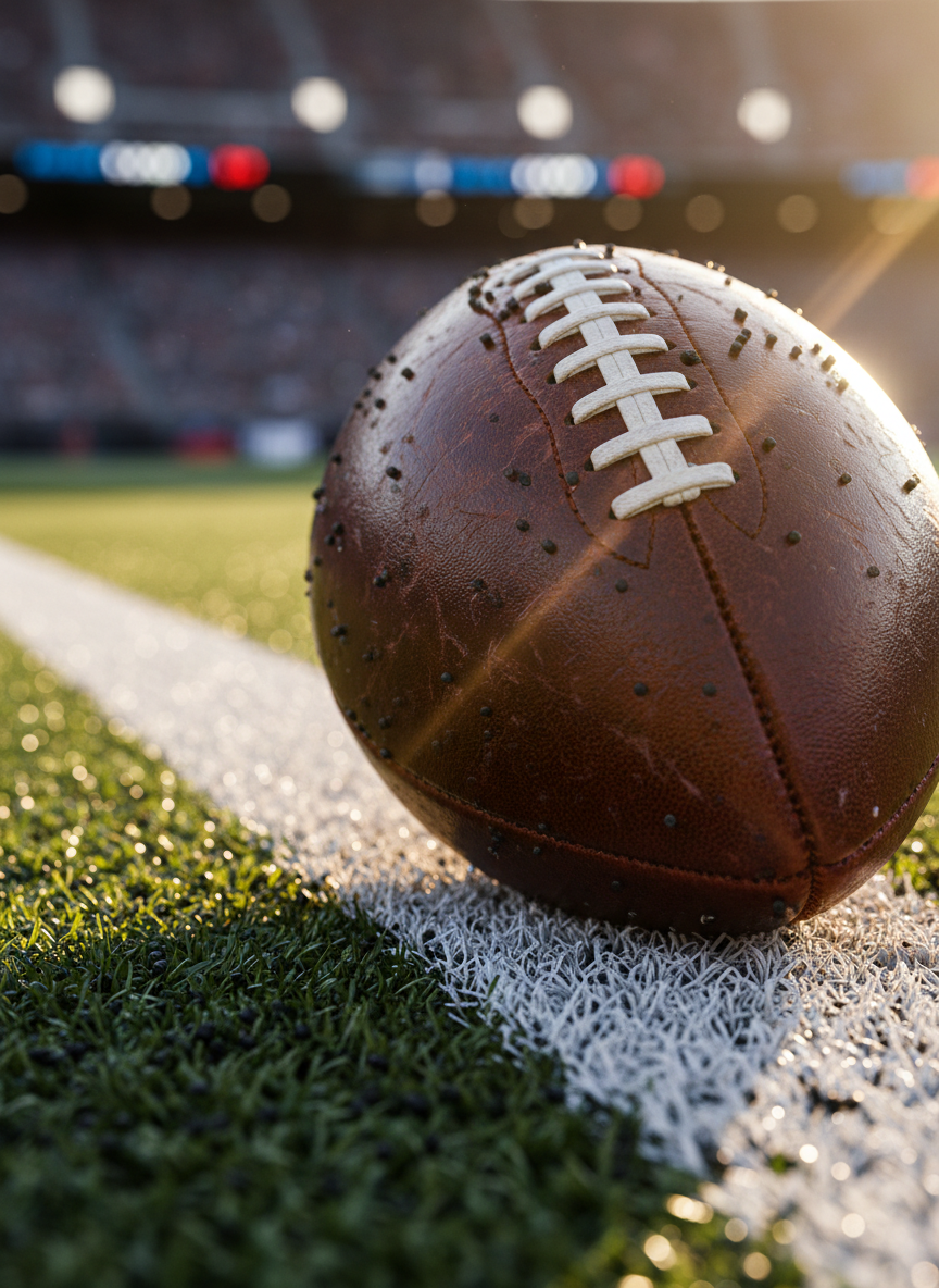 A tightly framed, photographic realism shot of a glossy, scuffed leather football resting on a perfectly cut green turf field, white laces sharply defined and tiny rubber pellets clinging to its surface. The ball sits just inside a bright white sideline stripe, with the rest of the stadium blurred into colorful bokeh lights in the background. Late afternoon golden-hour sunlight slashes across from the right, carving dramatic highlights along the seams and casting a bold, elongated shadow. Captured from a low, eye-level angle that makes the ball feel massive and momentous, the composition uses rule of thirds to suggest imminent action, creating an intense, high-stakes, pre-game atmosphere.