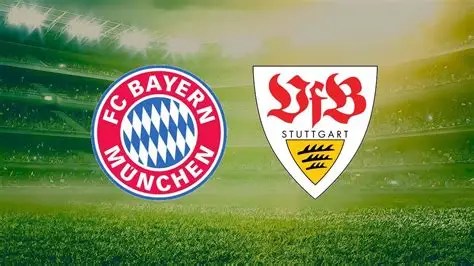 Logos of FC Bayern München and VfB Stuttgart on a football field background.